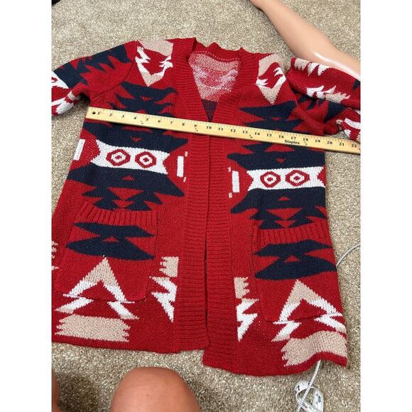 Cardigan sweater Aztec open front deep red front pockets SZ M soft western style - Picture 6 of 6